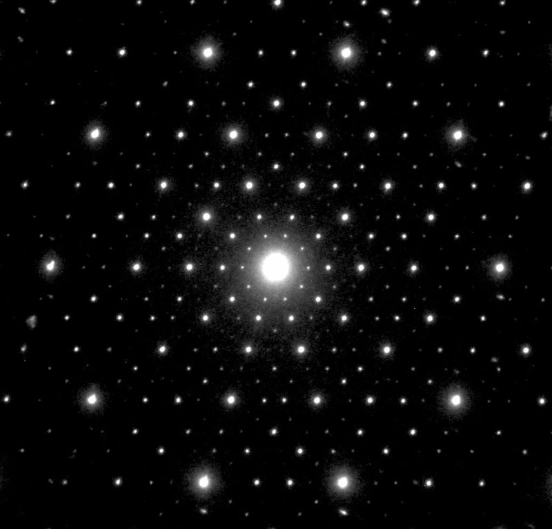 5回対称軸を示す準結晶(icosahedrite)の電子線回折像